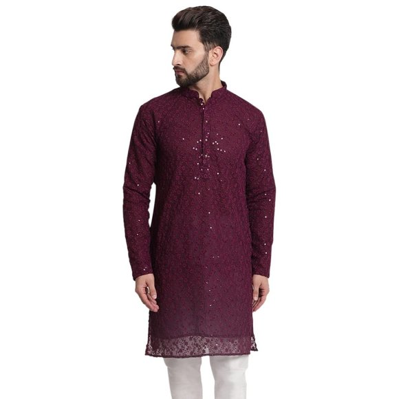 Men Chikankari Georgette Wine Color Kurta Full Sleeve Knee Length Kurta - Picture 1 of 5